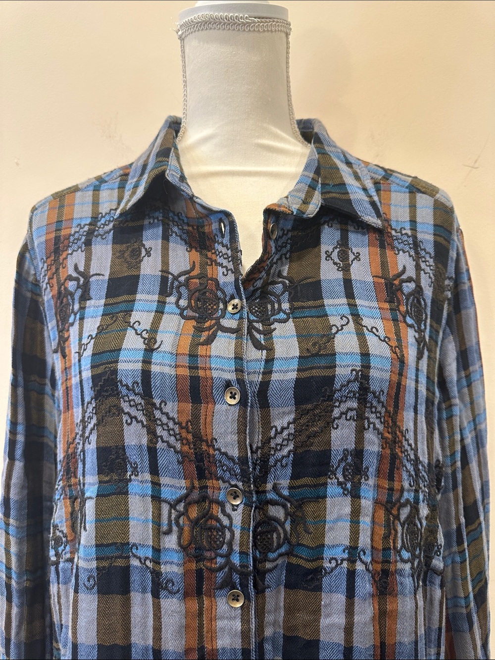 Free People Blue and Brown Plaid Embroidered Button-Down Shirt